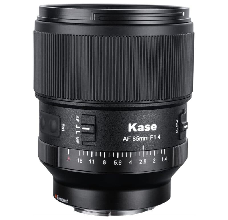 A black Kase AF 85mm F1.4 camera lens with focus and aperture rings, labeled markings, and autofocus controls, designed for E-mount cameras, shown against a white background.