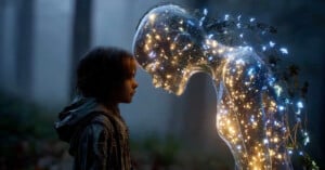 A young child stands face-to-face with a translucent, humanoid figure filled with glowing lights and small branches, set in a misty forest. The scene conveys a sense of wonder and connection.