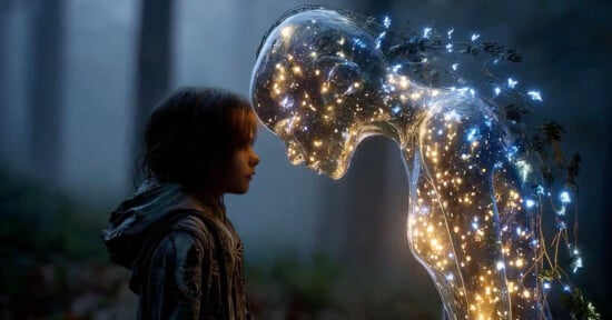 A young child stands face-to-face with a translucent, humanoid figure filled with glowing lights and small branches, set in a misty forest. The scene conveys a sense of wonder and connection.