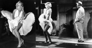 Two black-and-white photos of a woman in a white halter dress standing over a subway grate as her skirt is blown upward, while a man in a suit and hat smiles and watches her from the sidewalk.