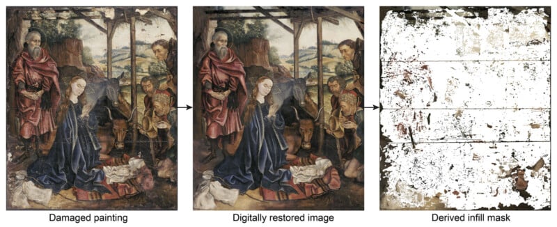  a damaged painting, a digitally restored version, and a black-and-white mask highlighting areas of restoration. Labels indicate "Damaged painting," "Digitally restored image," and "Derived infill mask.