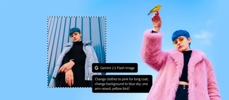 A person with blue hair and sunglasses wears a pink fur coat and holds a yellow bird on one hand against a blue sky; an inset shows the same person in a gray coat before the background was changed.