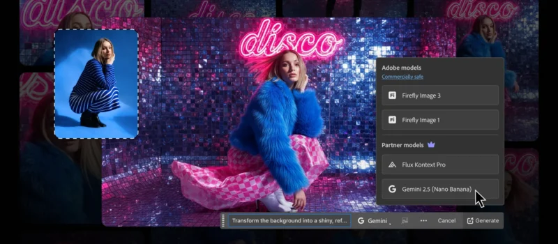 A woman in a bright blue fur coat and pink checkered pants poses in a shiny, pink-tiled disco-themed room with a neon "disco" sign behind her. An editing menu overlays part of the image.