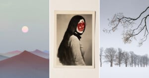 A triptych: pastel desert landscape with a setting sun, a black-and-white photo of a woman with her face scribbled over in red, and snow-covered trees beneath a bare, branching tree.