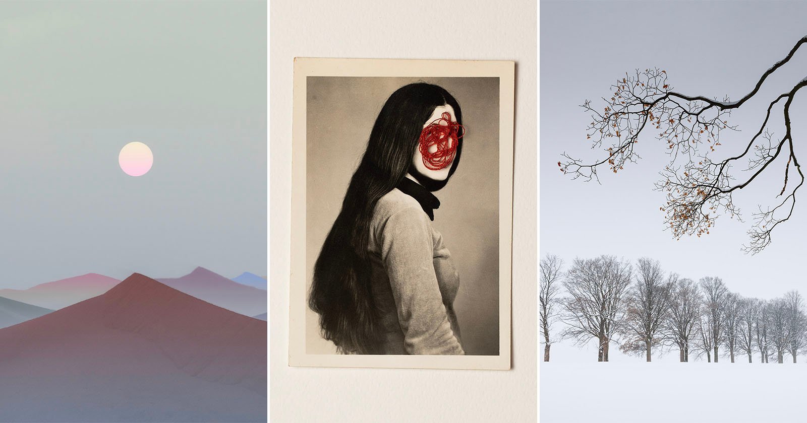 A triptych: pastel desert landscape with a setting sun, a black-and-white photo of a woman with her face scribbled over in red, and snow-covered trees beneath a bare, branching tree.
