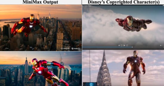 A comparison of two sets of images: on the left, AI-generated images of a flying armored superhero over a city; on the right, similar scenes from official movies featuring a metal-suited hero in flight.