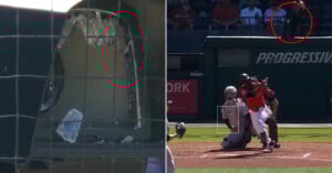 Split image: Left side shows a shattered TV screen with a baseball lodged in it behind protective netting. Right side shows a baseball player hitting a ball during a game, with the ball circled in red as it flies toward the TV.