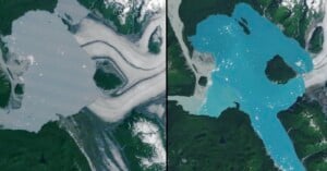 Side-by-side satellite images show a glacier and its meltwater lake: on the left, the lake is gray and ice-covered; on the right, the same lake is larger and bright blue, surrounded by green land and snow-capped mountains.