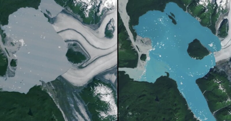 Las imágenes satelitales de lado a lado muestran glaciares y sus lagos de agua de fusión: a la izquierda, el lago está cubierto de gris y hielo; A la derecha, el mismo lago es azul más grande y brillante, rodeado de tierra verde y montañas nevadas.