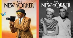 Split New Yorker magazine covers: left shows a man in a suit, yellow hat, sunglasses, holding a camera against a warm background with a butterfly; right shows two people in sailor outfits, one leaning on the other, in black and white.