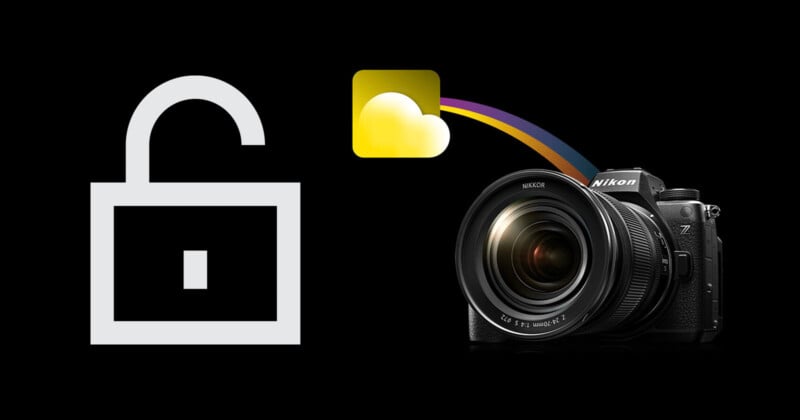 Se recomienda un candado desbloqueado, el icono de la nube y la ilustración digital de la cámara Nikon, las líneas de colores conectan la nube a la cámara, la conexión de la nube o el acceso de desbloqueo.