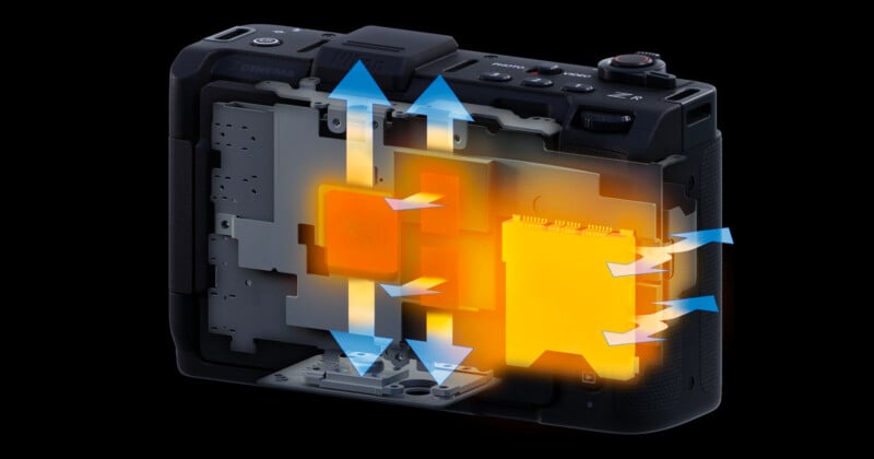A digital camera with its back cover removed, revealing internal components. Blue and orange arrows illustrate airflow and heat dissipation throughout the device.