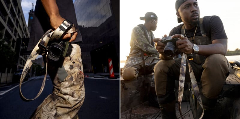 Left: Close-up of a person holding a camera by their side on a city street. Right: Two people in camouflage clothing sit in a boat; one holds a camera, gazing attentively towards the water at sunset.