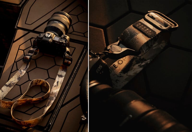 A close-up of a camera with a patterned strap lying on a textured surface, shown from two angles: one captures the full camera and strap, the other focuses on a detailed section of the strap and camera.