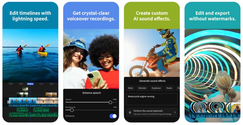 Four app screens show video editing features: fast timeline editing with kayakers, voiceover tools with two women and a phone, AI sound effects with a motorcyclist, and export options with a girl in a spinning tunnel.