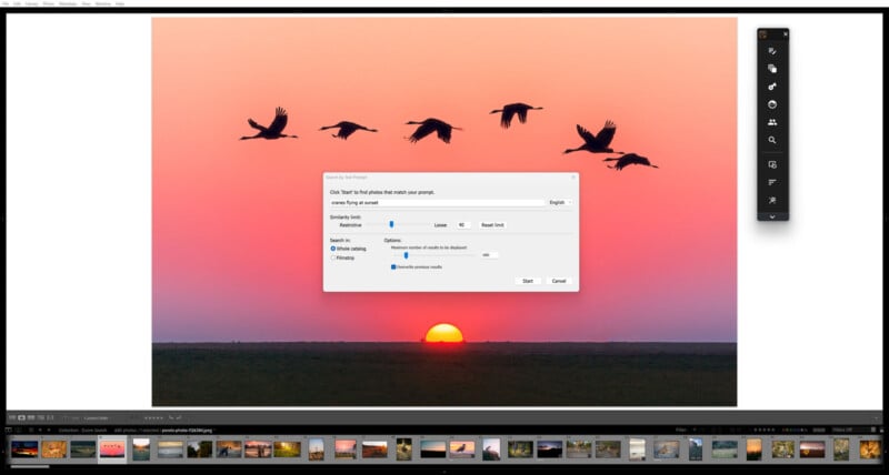A computer screen displays a photo editing program with an image of birds flying over a sunset. A pop-up settings window appears in the center, partially covering the photo. Editing tools and thumbnails are visible around the image.