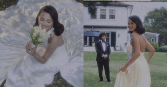 A woman in a white wedding dress poses outdoors, smiling and holding a bouquet. In another scene, she stands on grass near a house while a man in a tuxedo watches her from a distance.
