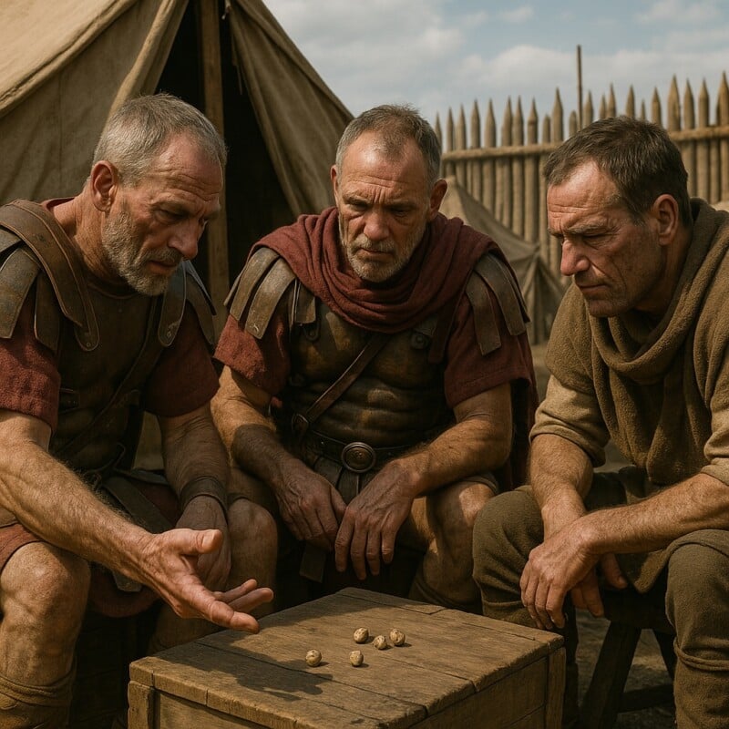 Three men dressed in ancient Roman-style clothing sit around a wooden crate outdoors, focused on small objects placed on the crate, with tents and a wooden palisade visible in the background.