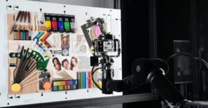 A robotic arm holds a camera aimed at a test board with various art supplies, brushes, color swatches, and photos, used for testing camera quality.