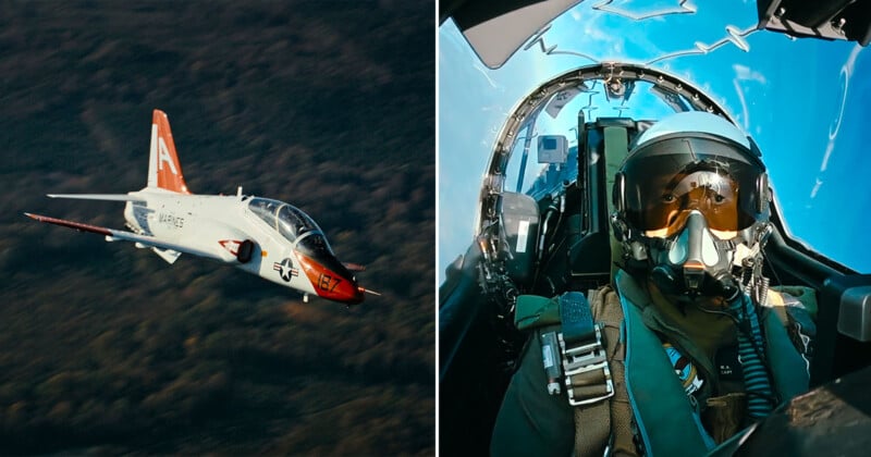 Split image: Left, a white and red military training jet with "A" on the tail flies over a blurred landscape. Right, a pilot wearing a helmet and visor sits inside a jet cockpit, sky visible through the canopy.