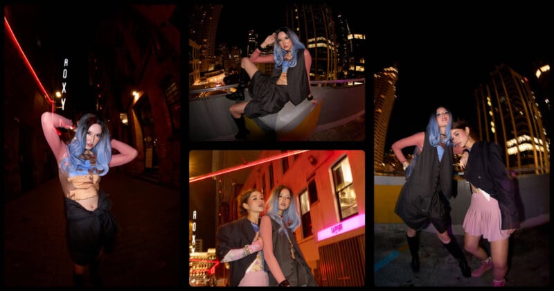 A collage of four nighttime city photos featuring fashionable young people posing confidently in edgy outfits under neon lights and tall buildings. One model has long blue hair and dramatic makeup.