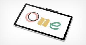 A black and white digital drawing tablet with a screen displaying the word "one" in stylized, colorful letters on a white background.