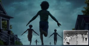 A group of children run down a suburban street under a cloudy sky, arms outstretched. In the bottom right corner, there's a small black-and-white photo showing children running, echoing the main scene.