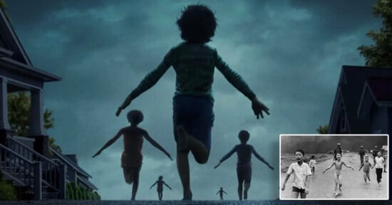 A group of children run down a suburban street under a cloudy sky, arms outstretched. In the bottom right corner, there's a small black-and-white photo showing children running, echoing the main scene.
