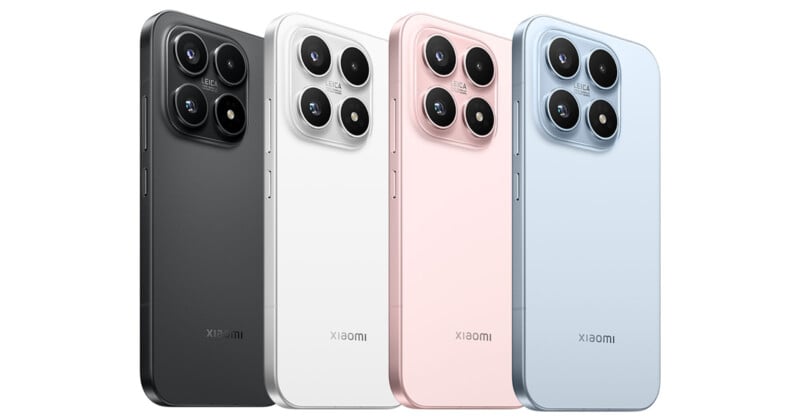 Four modern smartphones in black, white, pink, and light blue are displayed upright. Each phone has three large rear camera lenses arranged in a square on the back. The word "Xiaomi" is visible near the bottom.