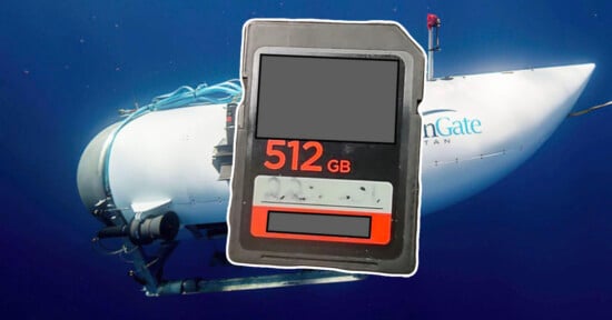 A large 512GB memory card is digitally superimposed in front of a white submersible underwater, with "OceanGate Titan" partially visible on the sub.
