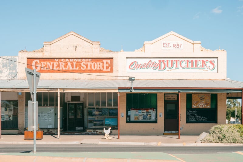 Escena callejera de dos escaparates antiguos iluminados por la luz del sol: "5. Tienda de comestibles Carnegie" y "Carnicero de calidad." Un perro camina por la acera frente a una tienda donde hay un cartel.