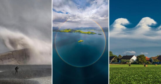 Three photos: a person stands near a massive crashing wave; an aerial view of an island surrounded by a circular rainbow; and rare wave-shaped clouds above houses in a grassy field under a blue sky.