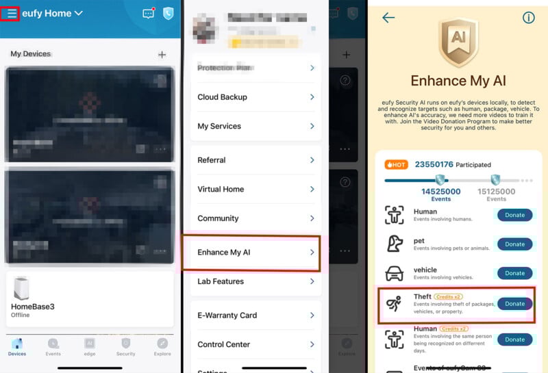 Screenshots of a mobile app: first shows a device list, second shows a menu with "Enhance My AI" highlighted, and third displays "Enhance My AI" features including "Theft" and "Human" detection options with donate buttons.