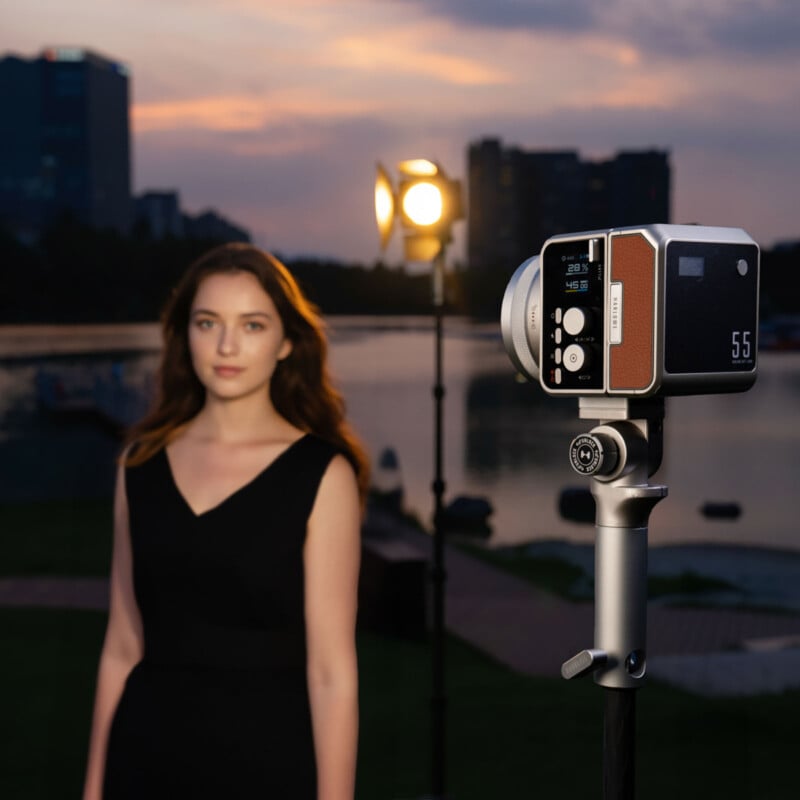 Una mujer vestida de negro se encuentra al aire libre junto a un lago al atardecer con una cámara de estilo retro en un trípode en primer plano y brillantes luces de estudio detrás de ella.