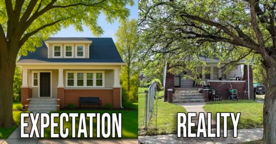 A split image shows a tidy, well-maintained house labeled "Expectation" on the left, and a less maintained, overgrown house labeled "Reality" on the right. Both houses have similar structures.