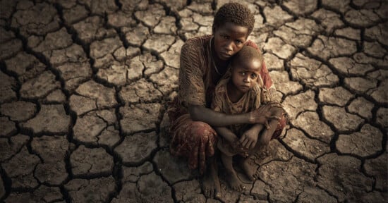 A woman and a young child sit closely together on parched, cracked earth, both looking up with somber expressions. The barren, dry ground emphasizes a sense of hardship and drought.