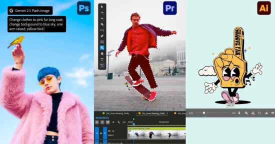A split-screen shows Photoshop editing a person in a pink coat, Premiere Pro selecting a dancing person, and Illustrator displaying a cartoon key character with arms, legs, and clouds.