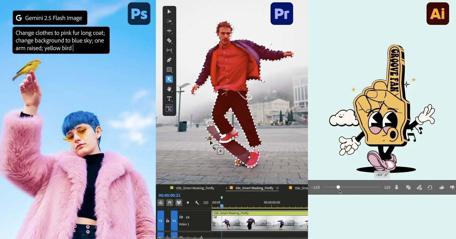 A split-screen shows Photoshop editing a person in a pink coat, Premiere Pro selecting a dancing person, and Illustrator displaying a cartoon key character with arms, legs, and clouds.