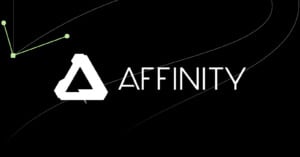 A white triangular Affinity logo and the word "AFFINITY" in bold white text on a black background, with green nodes and curved lines suggesting a digital or design theme.
