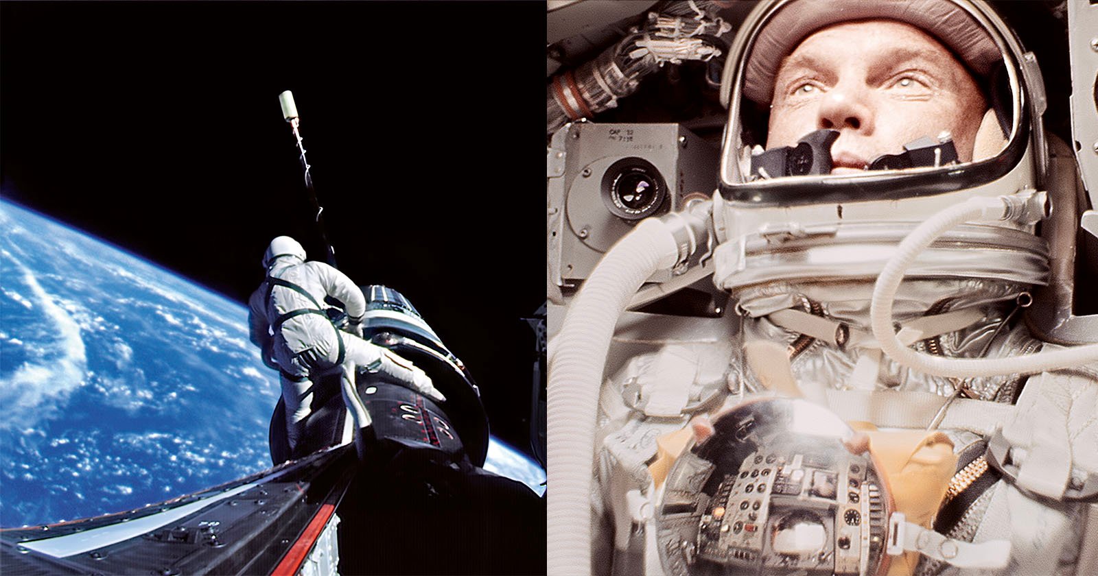 Split image: On the left, two astronauts in space suits perform an EVA tethered outside a spacecraft above Earth. On the right, a close-up of an astronaut inside a helmet with reflections on his visor.