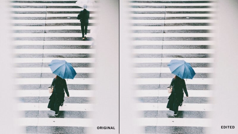 Two nearly identical images show a person with a blue umbrella crossing a striped crosswalk in the rain. The left image is labeled "ORIGINAL," and the right is labeled "EDITED.