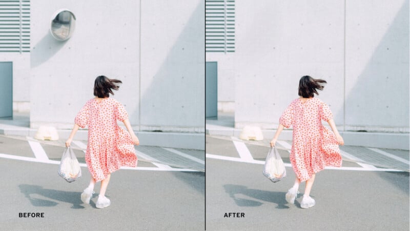 A woman in a pink dress walks away holding a plastic bag in both "before" and "after" photos; the "after" image has removed her dark shadow from the ground.