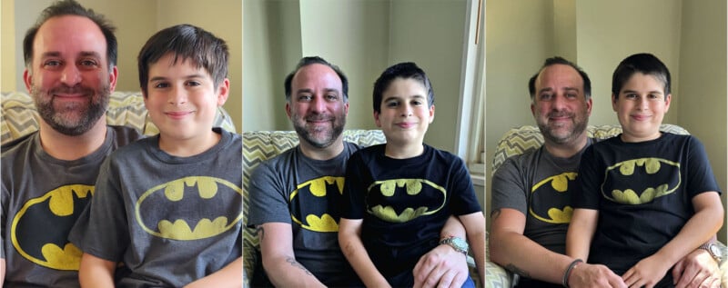 A man and a boy, both wearing Batman T-shirts, smile and pose together in three side-by-side photos while sitting on a patterned chair in a brightly lit room.