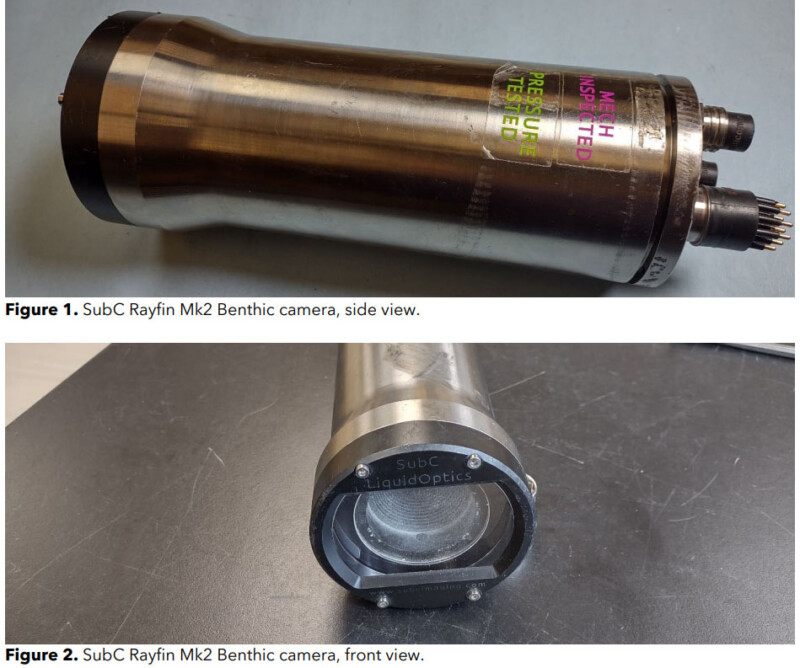 Arriba: Vista lateral de la cámara bentónica SubC Rayfin Mk2, que muestra el cuerpo metálico cilíndrico con etiquetas de inspección y conectores. Abajo: muestra la lente de la cámara y "Óptica líquida SubC" texto.