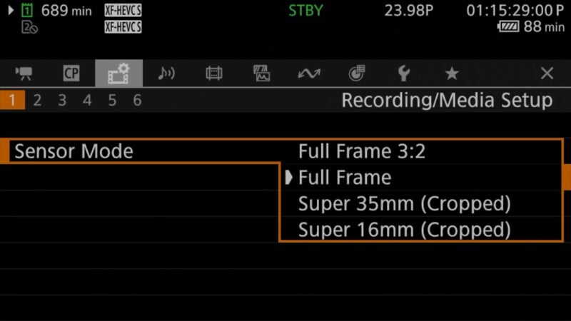 Camera menu screen showing the “Sensor Mode” options: Full Frame 3:2, Full Frame, Super 35mm (Cropped), and Super 16mm (Cropped) under Recording/Media Setup.