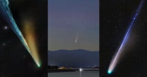 Three bright comets, each with a glowing tail, streak across night skies in separate panels; the center comet appears over mountains and a body of water, while the other two comets are set against star-filled skies.