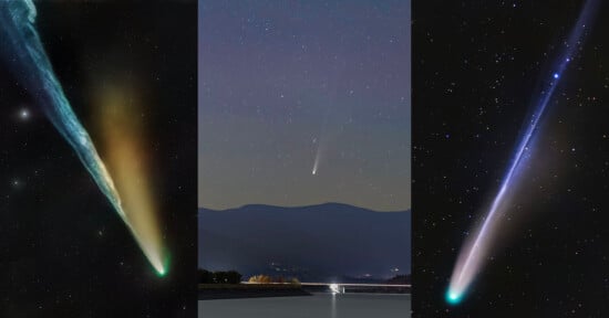 Three bright comets, each with a glowing tail, streak across night skies in separate panels; the center comet appears over mountains and a body of water, while the other two comets are set against star-filled skies.