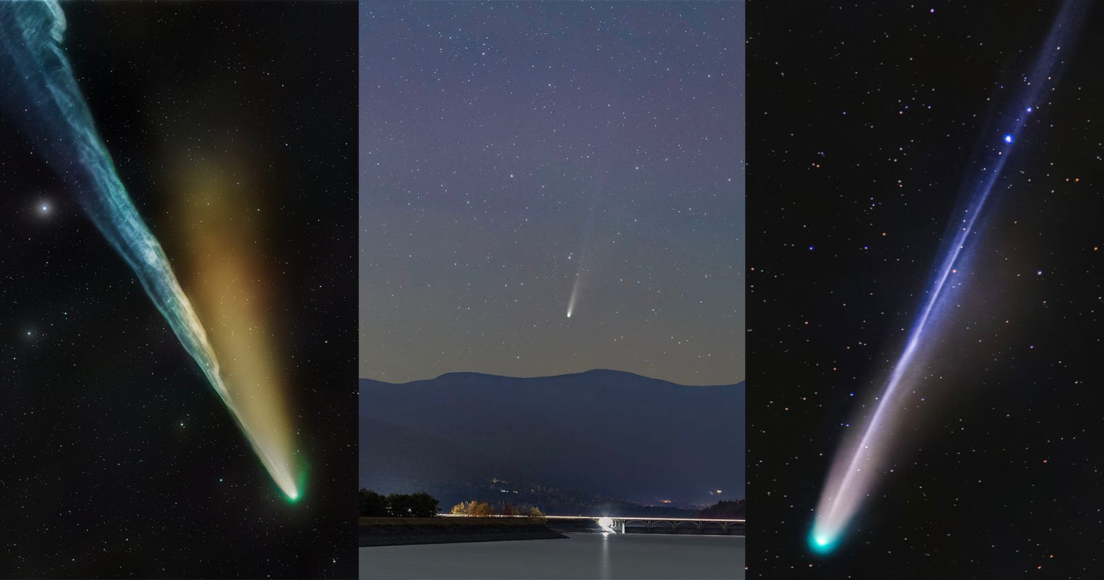 Three bright comets, each with a glowing tail, streak across night skies in separate panels; the center comet appears over mountains and a body of water, while the other two comets are set against star-filled skies.