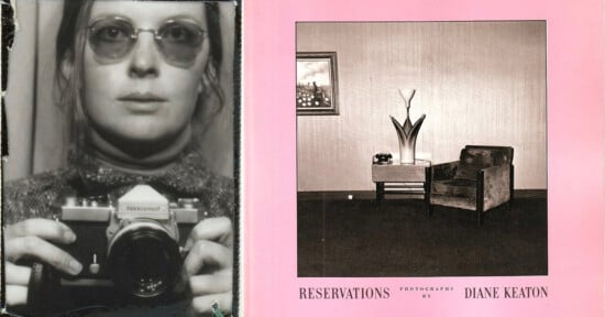 A black and white photo of a woman holding a camera is on the left; on the right, a book cover reads “Reservations Photographs by Diane Keaton” with an image of a chair, table, and plant against a pink background.