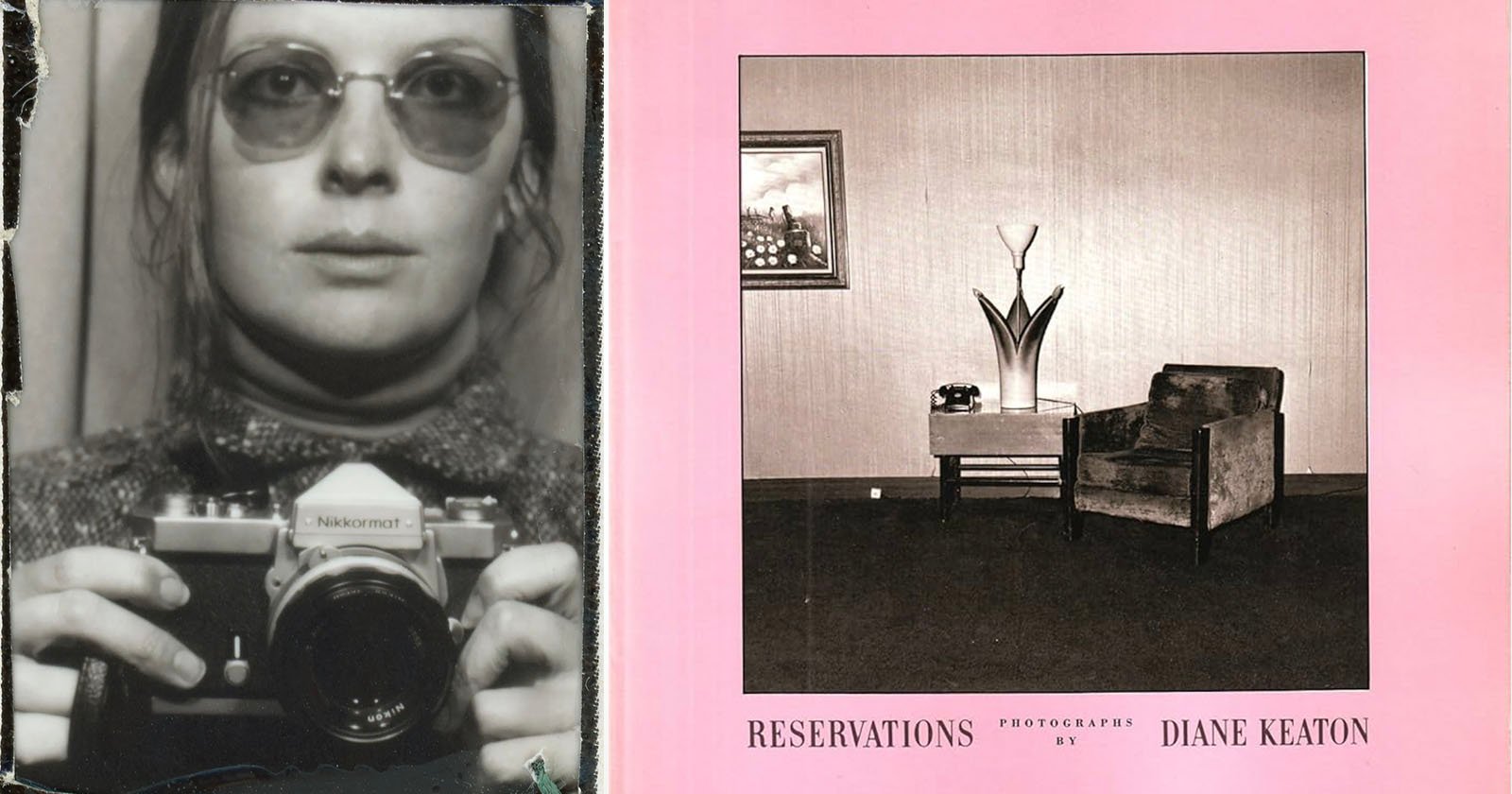 A black and white photo of a woman holding a camera is on the left; on the right, a book cover reads “Reservations Photographs by Diane Keaton” with an image of a chair, table, and plant against a pink background.